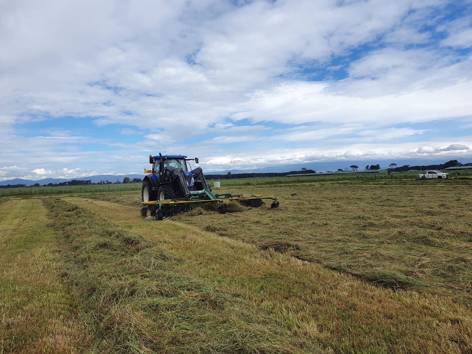 front mounted rake on tractor raking a row of hay